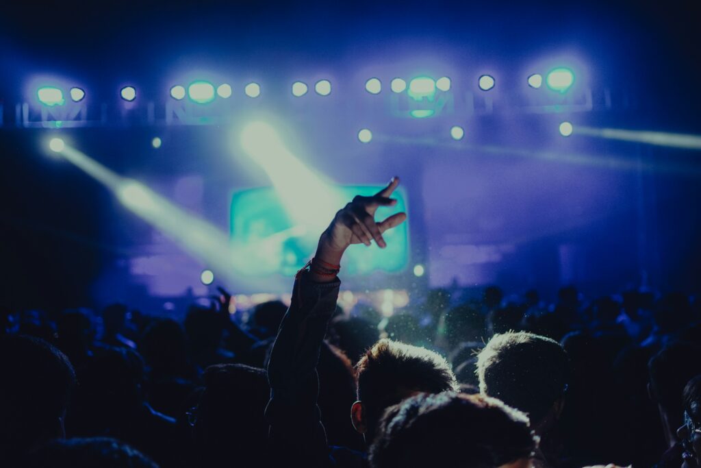 a crowd of people at a concert with their hands in the air