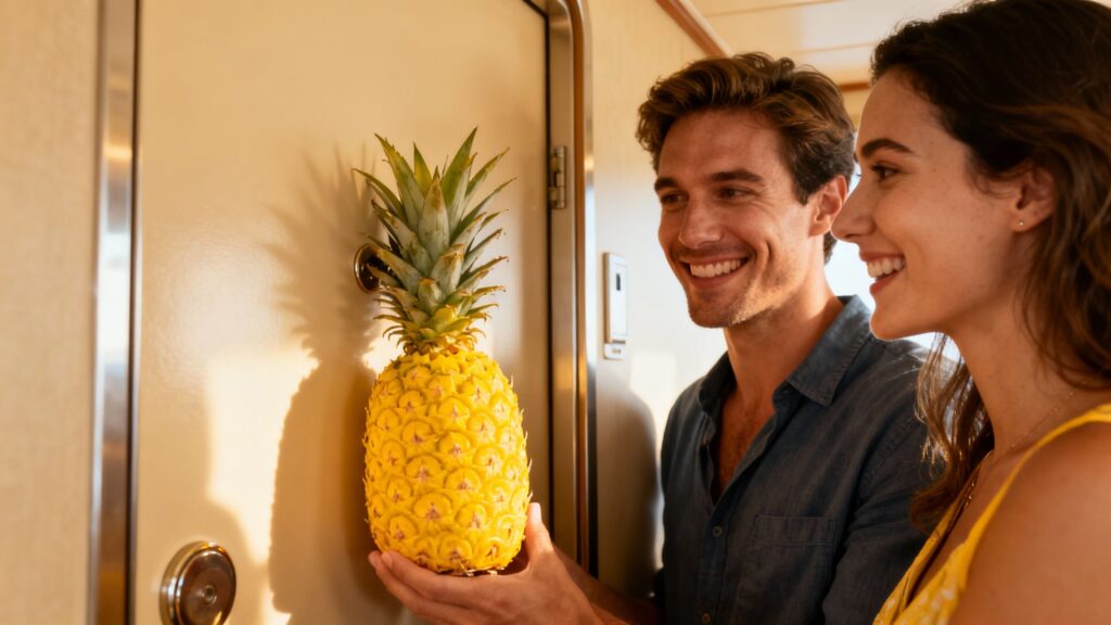 Couple places upside-down pineapple on cruise ship door for party.