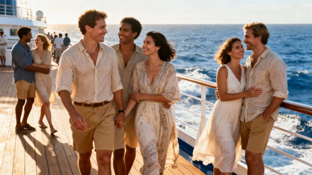 Couples mingling on a cruise ship deck, suggesting openness.